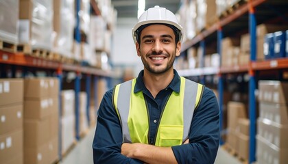 A smiling man in a hard hat and safety vest stands in a warehouse aisle, surrounded by stacked boxes