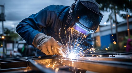 A skilled welder in protective gear works on a metal structure, creating sparks as he welds.