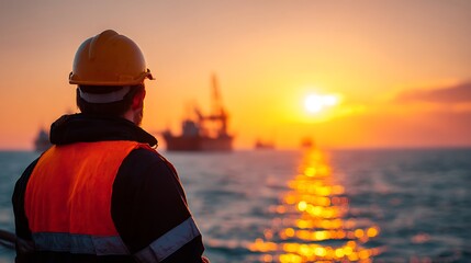 An active offshore oil rig stands tall against the backdrop of a vibrant sunset, capturing the essence of the maritime industry.