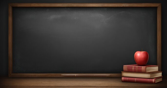 A chalkboard sits above stacked books & a shiny red apple. It evokes knowledge, learning, and education on a wooden surface - Powered by Adobe
