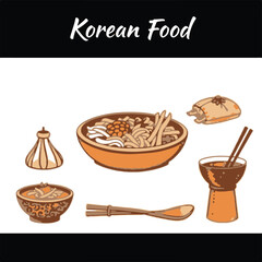 A hand-drawn sketch of classic Korean food silhouettes in a timeless, elegant Vector style, rendered in a Color sketchnote style on a clean white background.