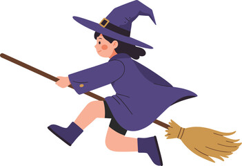 Young Witch Soaring on a Broom Purple Attire Side Profile.
