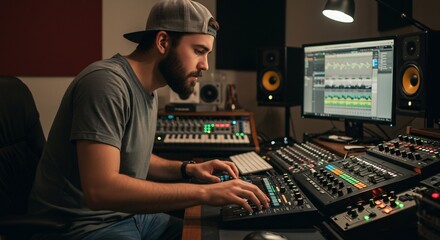 Focused musician expertly mixes audio tracks in dimly lit home studio. AI Generated