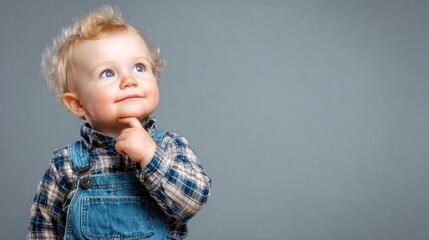A curious toddler with blonde hair, wearing a plaid shirt and denim overalls, looking up thoughtfully with a hand on their chin.