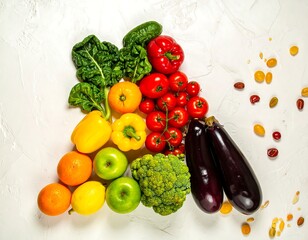 Colorful array of fresh fruits and vegetables, arranged in a pyramid shape on a white surface