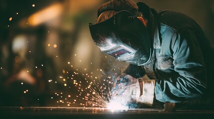 A skilled welder in protective gear works on a metal structure, creating a bright, glowing arc of light.