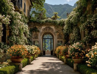 Fototapeta premium Elegant Italian Garden Pathway Leading to Ornate Archway with Mountains.