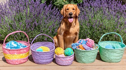 Dog sits amongst colorful Easter baskets in a lavender garden