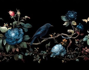 Dark floral border with a blue bird