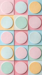 Fototapeta premium Collage of Squares & Circles in Gentle Pastels. Pastel paper collage of squares and circles—crafty, clean, soothing design.