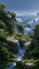 Obraz premium Cascading Waterfalls in the Valley: A majestic vista of cascading waterfalls carving their way through a verdant valley, embraced by lush greenery and the embrace of the sky.