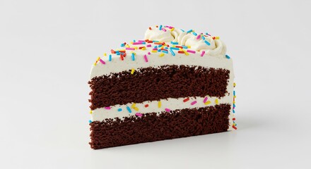 Delicious chocolate cake slice brightly decorated with sprinkles sits against a clean white background. AI Generated