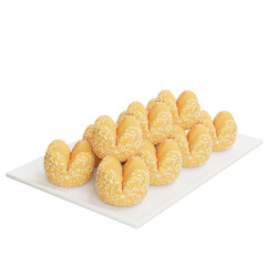 3d illustration of fried golden sesame traditional Asian snack served in white round dish, cultural sweet dessert isolated on white background.
