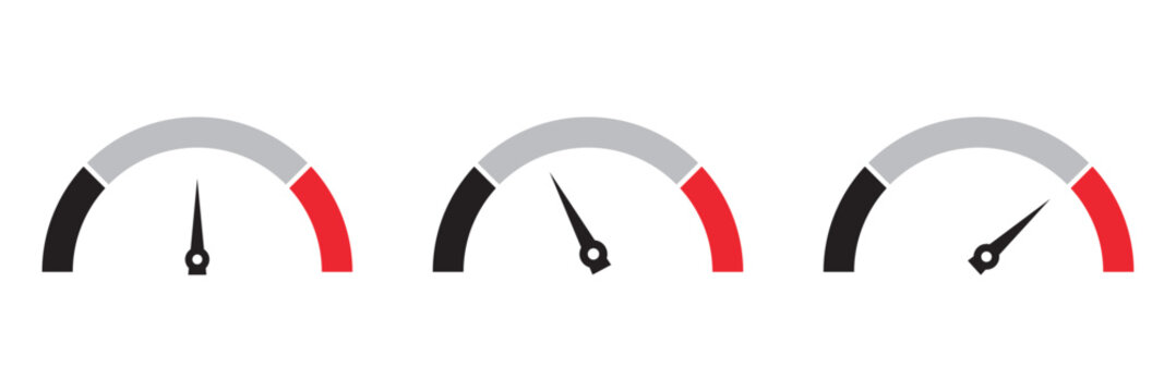 Low Medium High Colour Speedometer Vector Set — Dashboard Tachometer and Performance Indicator Icons.
