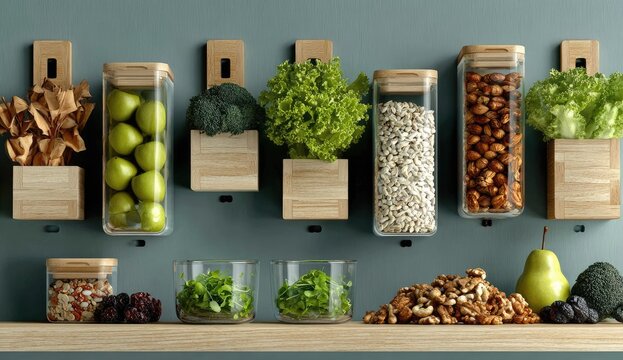 Healthy food storage containers on a wall