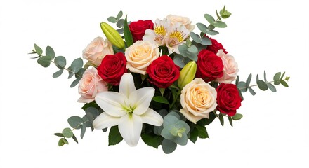Elegant roses lilies eucalyptus arrangement bright soft light. AI Generated