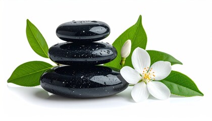 Obraz premium Stacked black stones, some wet, surrounded by vivid green leaves and a delicate white flower with an orange center on a white surface