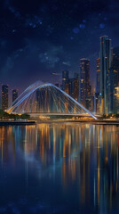 Fototapeta premium Cityscape Bridge at Night: A mesmerizing night view of a modern cityscape, featuring a beautifully illuminated bridge reflecting in the calm waters below, under a starlit sky.