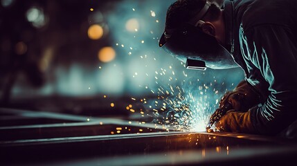 A skilled welder in protective gear works on a metal structure, creating sparks as he joins the pieces together.