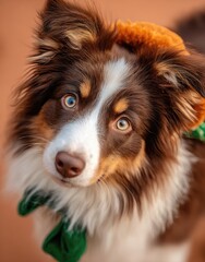 Fototapeta premium Close-up of a dog with reddish-brown and white fur, looking upward. A green scarf or bandana is around its neck