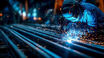 A skilled welder in protective gear works on a steel structure, creating sparks as he joins metal parts together.
