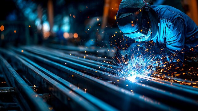 A skilled welder in protective gear works on a steel structure, creating sparks as he joins metal parts together.