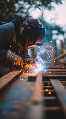 A skilled welder in protective gear works on a metal structure, creating sparks as he welds.