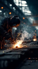 A skilled welder works in a bustling industrial setting, creating intricate designs with precision and skill.