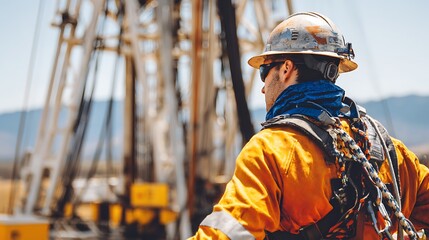 A drilling rig operator in action, wearing protective gear and observing the drilling process.
