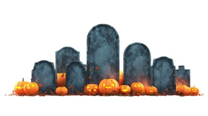 Halloween graveyard with carved pumpkins and tombstones isolated on transparent background.