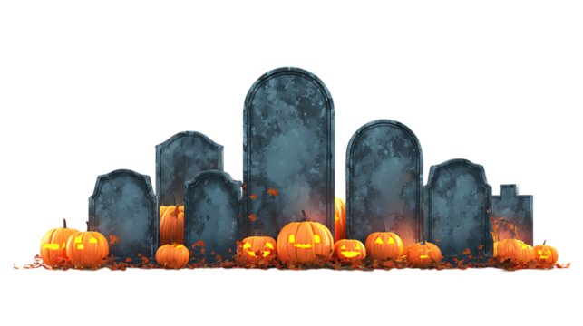 Halloween graveyard with carved pumpkins and tombstones isolated on transparent background.