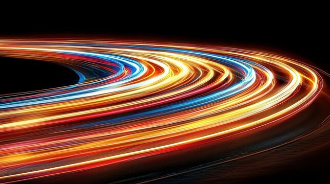 Abstract Concentric Circles of Colorful Light Trails at Night