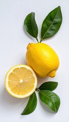 Two lemons, one halved to reveal juicy flesh, arranged with three green leaves on a clean, white background