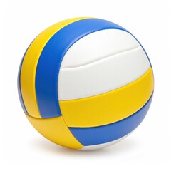 A close-up captures a blue, yellow, and white volleyball with curved seams, casting a soft shadow on a clean, white background