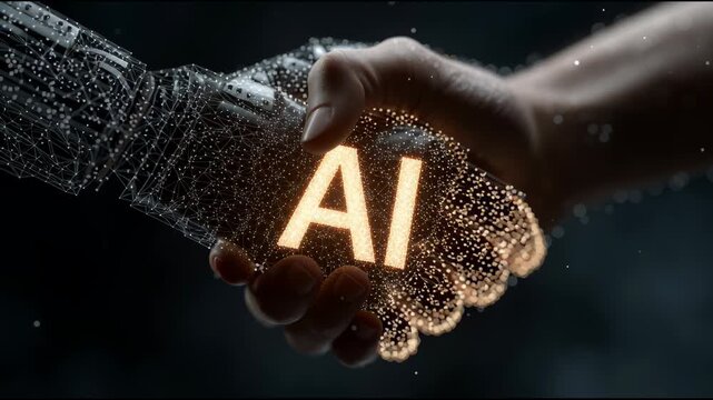 AI handshake: This image shows a handshake between a human and a machine. It represent a symbolic representation of technology.