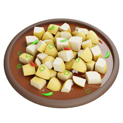 3d illustration of plate filled with skewered yellow and white cube snacks, delicious Asian appetizer served on brown round plate.
