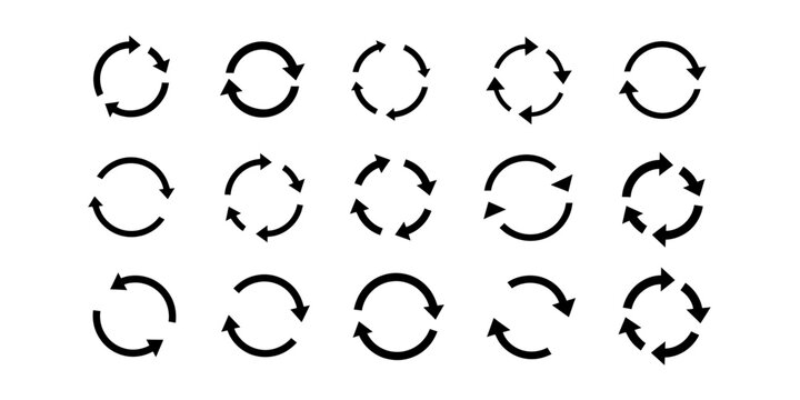 Set of vector circular arrows icons for reload, refresh, sync, and loop design.