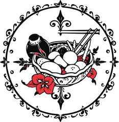 A symbolic traditional tattoo art print featuring a classic black and white vector style silhouette of Korean food, set against a white background