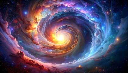 Obraz premium A swirling, colorful cosmic vista features a spiraling vortex of clouds & light, hinting at a celestial dragon