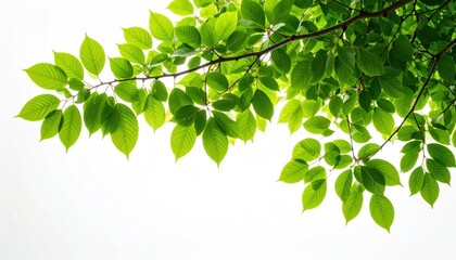 Lush green leaves against bright white sky. Detailed veins visible on each leaf. Sunlight shines through the foliage, creating a fresh atmosphere