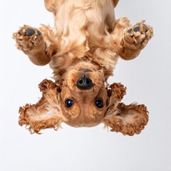 Upside-down view of a fluffy, amber-colored puppy with big, expressive eyes and furry paws against a plain white background. Cute!