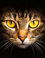 Intense close-up of a feline face with striking golden yellow eyes, set against a dark background. The fur is tabby, adding texture