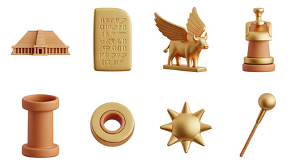 Ancient Mesopotamian Artifacts Collection Golden Pyramid Tablet Winged Bull Chess Piece and More