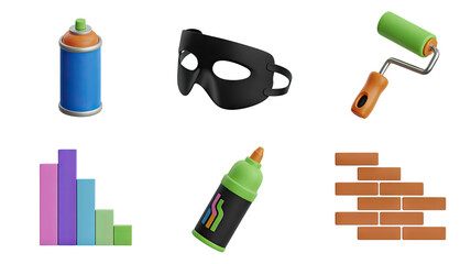 Urban Art Collection 3D Rendered Spray Can Mask Roller Bar Graph Marker and Brick Wall Set