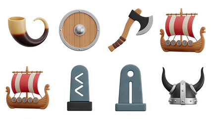 Viking Culture Artifacts Collection Horn Shield Axe Ship Gravestone Helmet and More