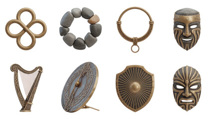 Celtic Culture Artifacts Collection Knot Stone Bracelet Torque Mask Harp Shield