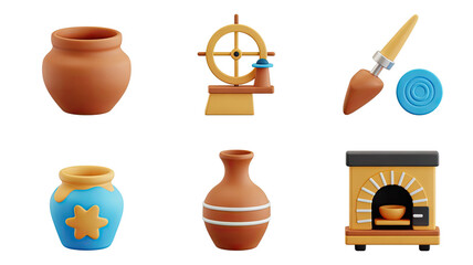 Ancient Pottery Collection Clay Pot Wheel Brush Oven 3D Rendered Illustration Isolated