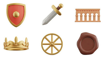 Medieval Kingdom Artifacts Collection Shield Sword Arch Crown Wheel Seal 3D Rendered Illustration