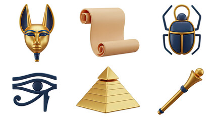 Ancient Egyptian Artifacts Collection Featuring Anubis Mask, Scroll, Scarab, and More