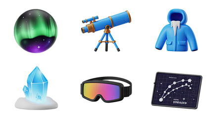 Winter Exploration Gear Set Featuring Aurora, Telescope, Parka, Crystal, and More